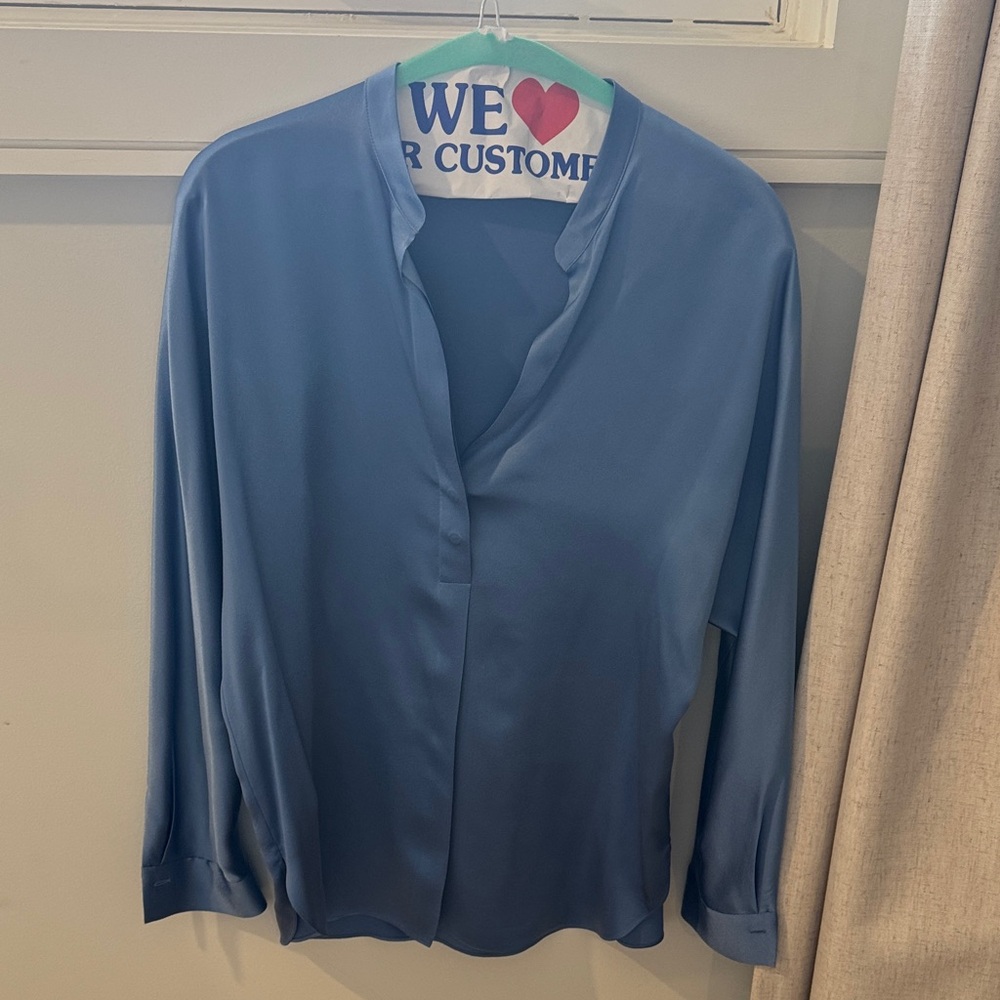 Vince Dusty Blue V-Neck Long Sleeve 100% Silk Blouse